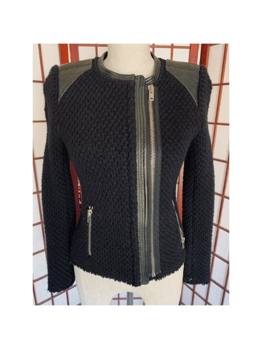 Iro Natasha Wool Leather Trim Moto Jacket Sz 1 Black